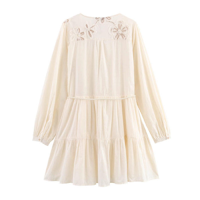 Analeia Beige Floral Embroidery Long Sleeve Mini Dress