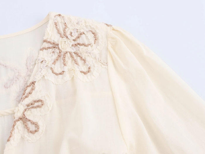 Analeia Beige Floral Embroidery Long Sleeve Mini Dress