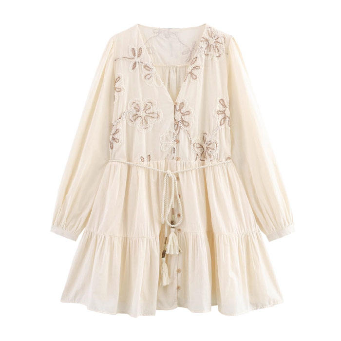 Analeia Beige Floral Embroidery Long Sleeve Mini Dress