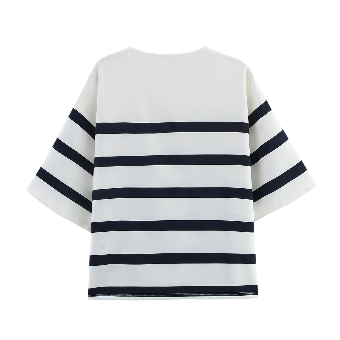 Rowyn White Striped Crew Neck Side with Buttons Short Sleeve Top