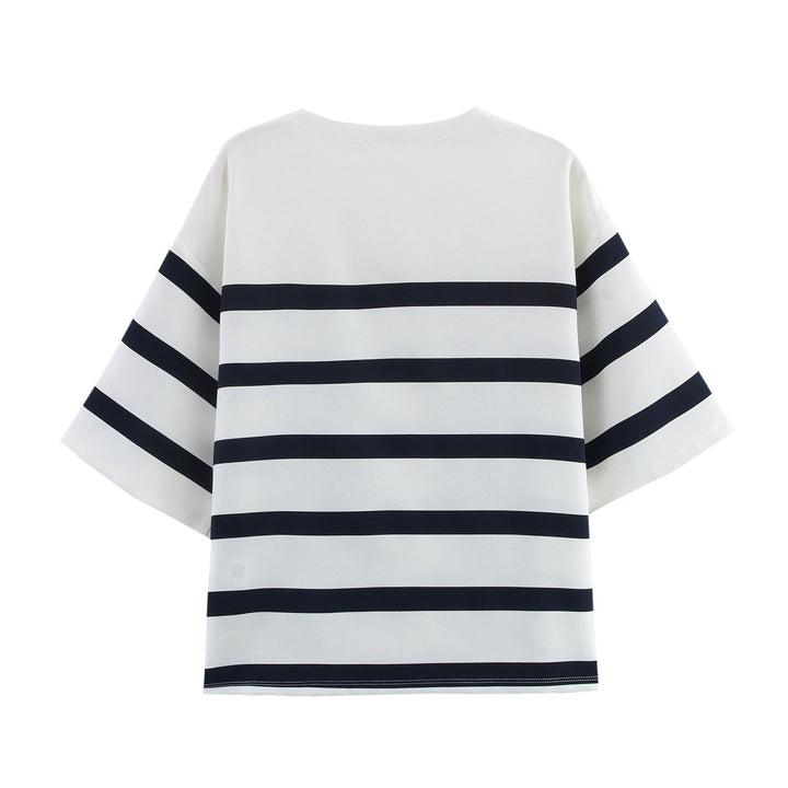 Rowyn White Striped Crew Neck Side with Buttons Short Sleeve Top