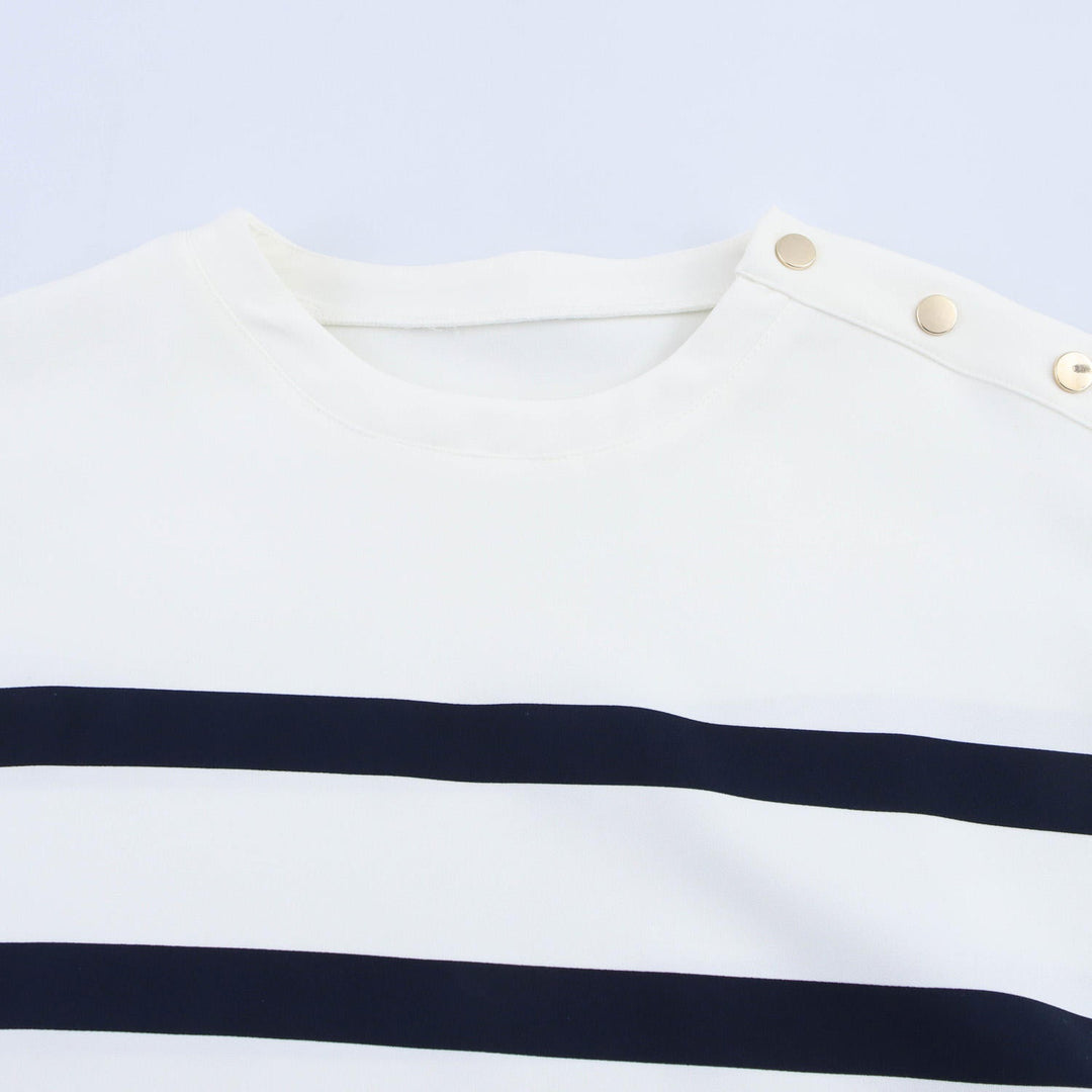Rowyn White Striped Crew Neck Side with Buttons Short Sleeve Top