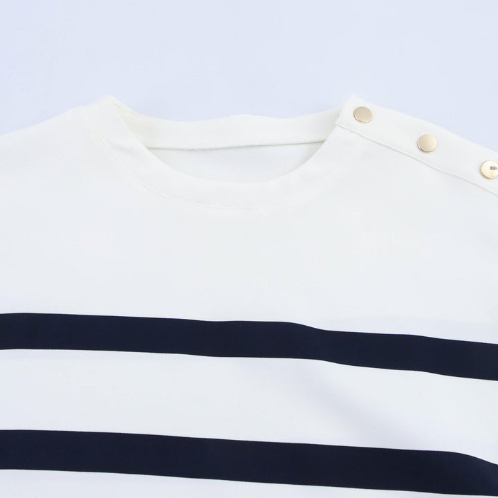 Rowyn White Striped Crew Neck Side with Buttons Short Sleeve Top