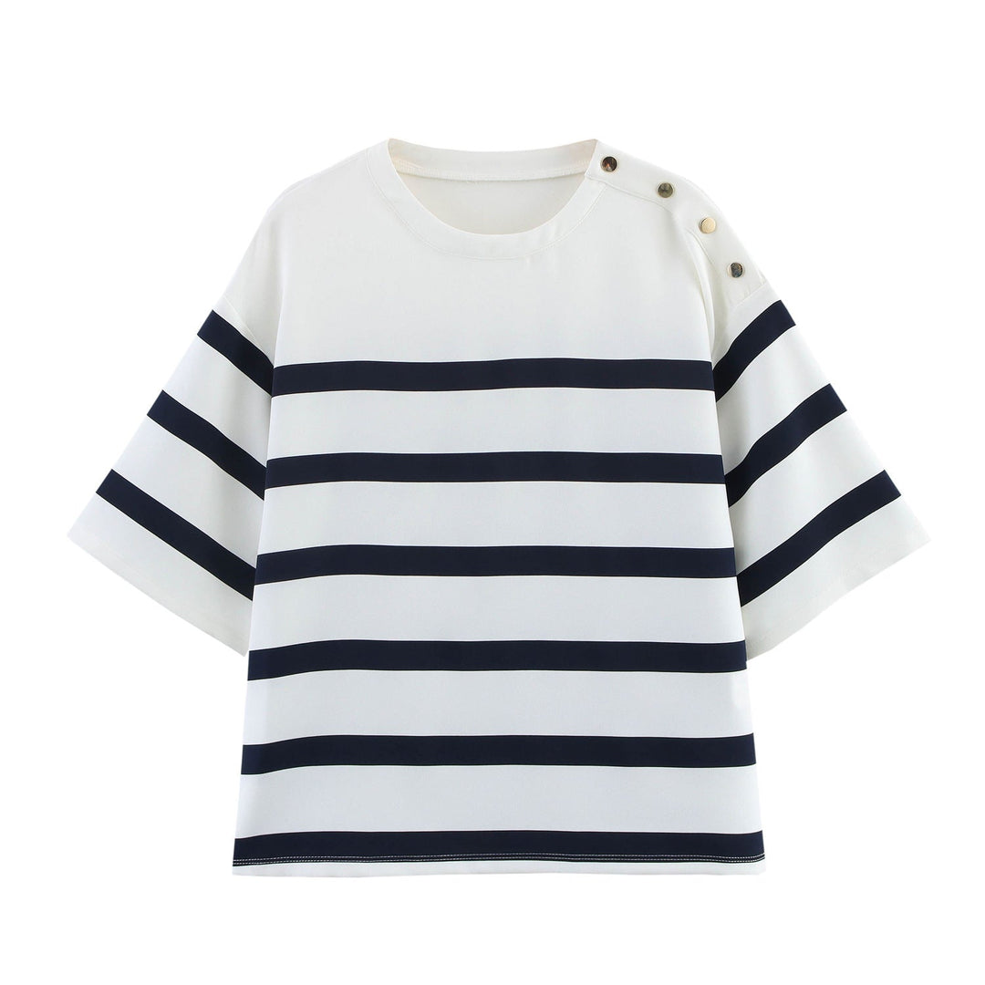 Rowyn White Striped Crew Neck Side with Buttons Short Sleeve Top