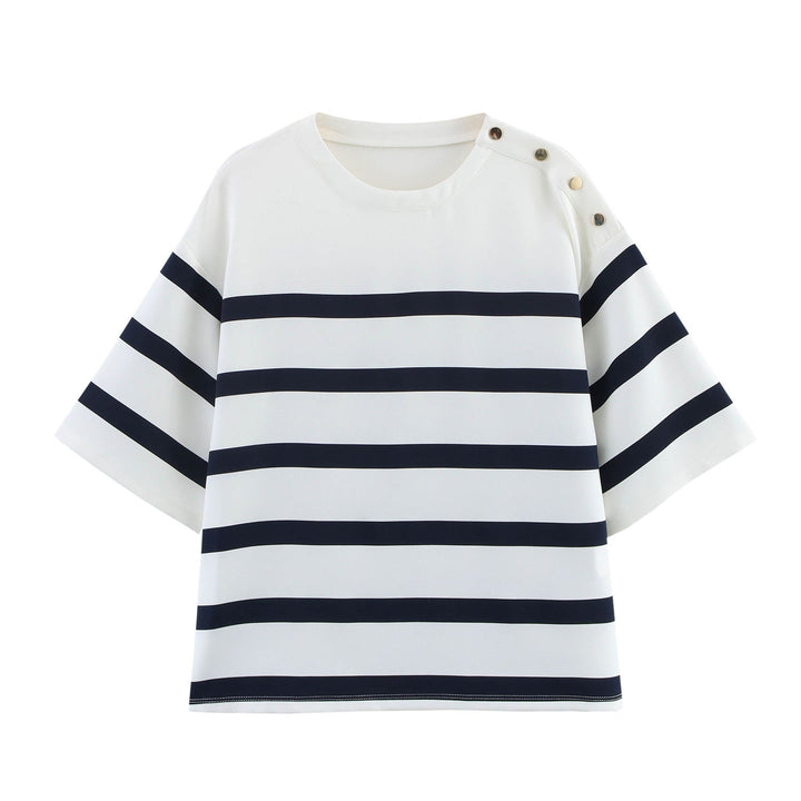 Rowyn White Striped Crew Neck Side with Buttons Short Sleeve Top
