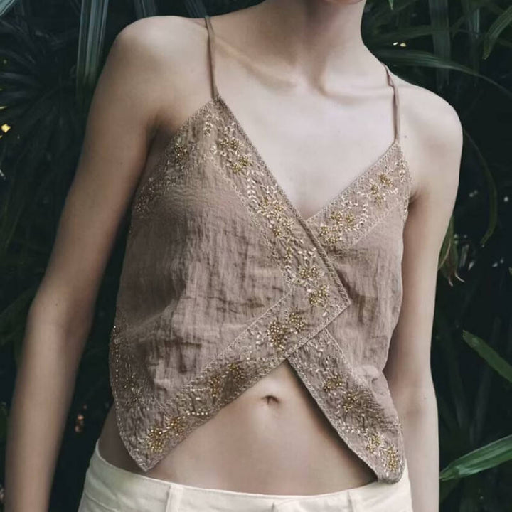 Maeve Khaki Spaghetti Strap Embroidery Back Lace Up Tank Top