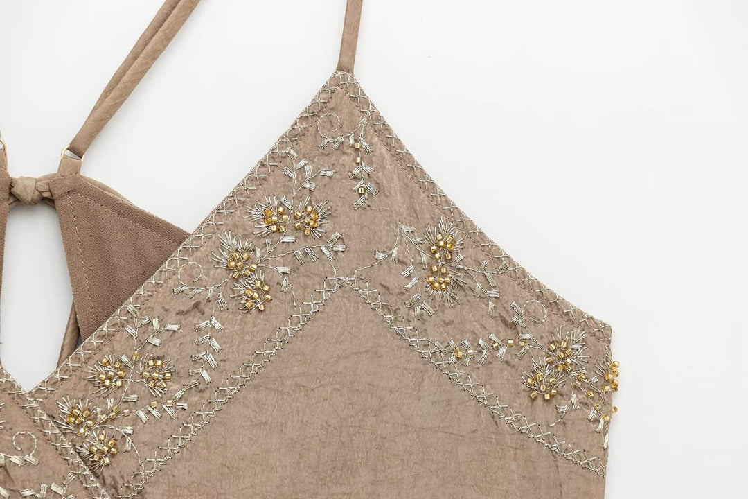 Maeve Khaki Spaghetti Strap Embroidery Back Lace Up Tank Top