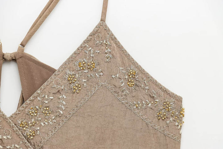 Maeve Khaki Spaghetti Strap Embroidery Back Lace Up Tank Top