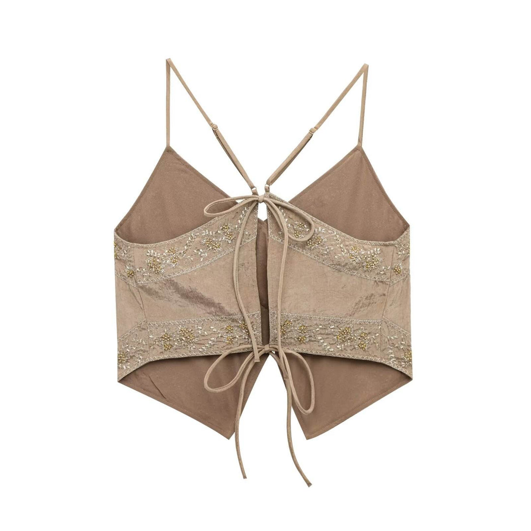 Maeve Khaki Spaghetti Strap Embroidery Back Lace Up Tank Top