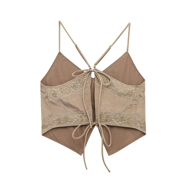 Maeve Khaki Spaghetti Strap Embroidery Back Lace Up Tank Top