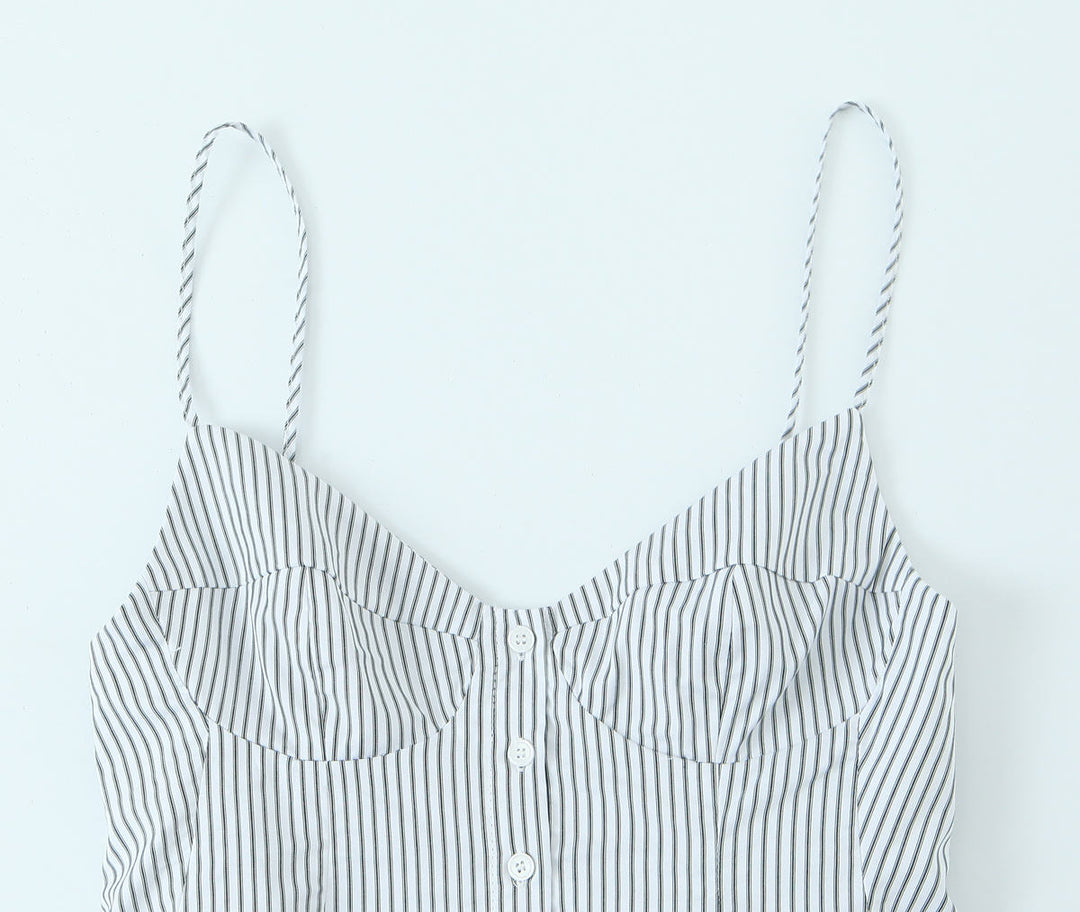 Gianna Gray Striped Spaghetti Strap Flared Ruffled Mini Tank Top