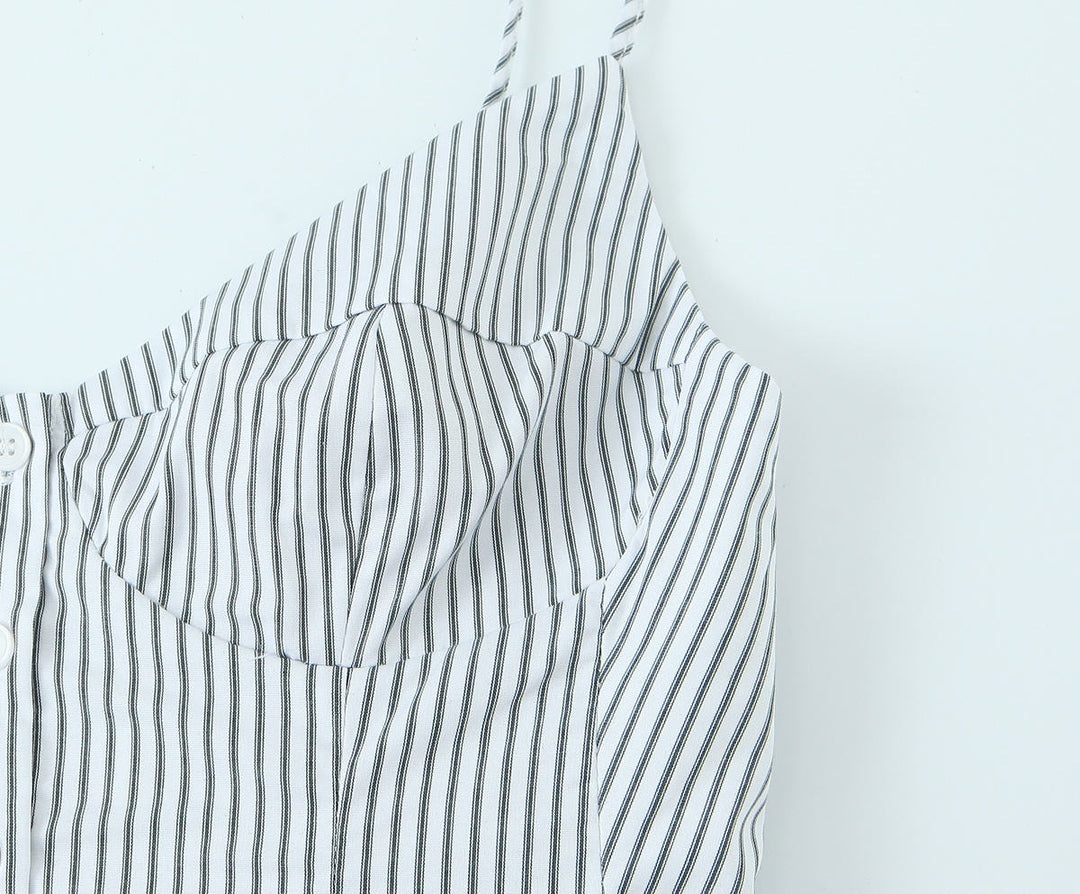 Gianna Gray Striped Spaghetti Strap Flared Ruffled Mini Tank Top