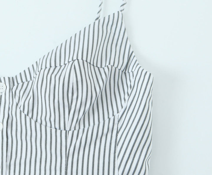 Gianna Gray Striped Spaghetti Strap Flared Ruffled Mini Tank Top