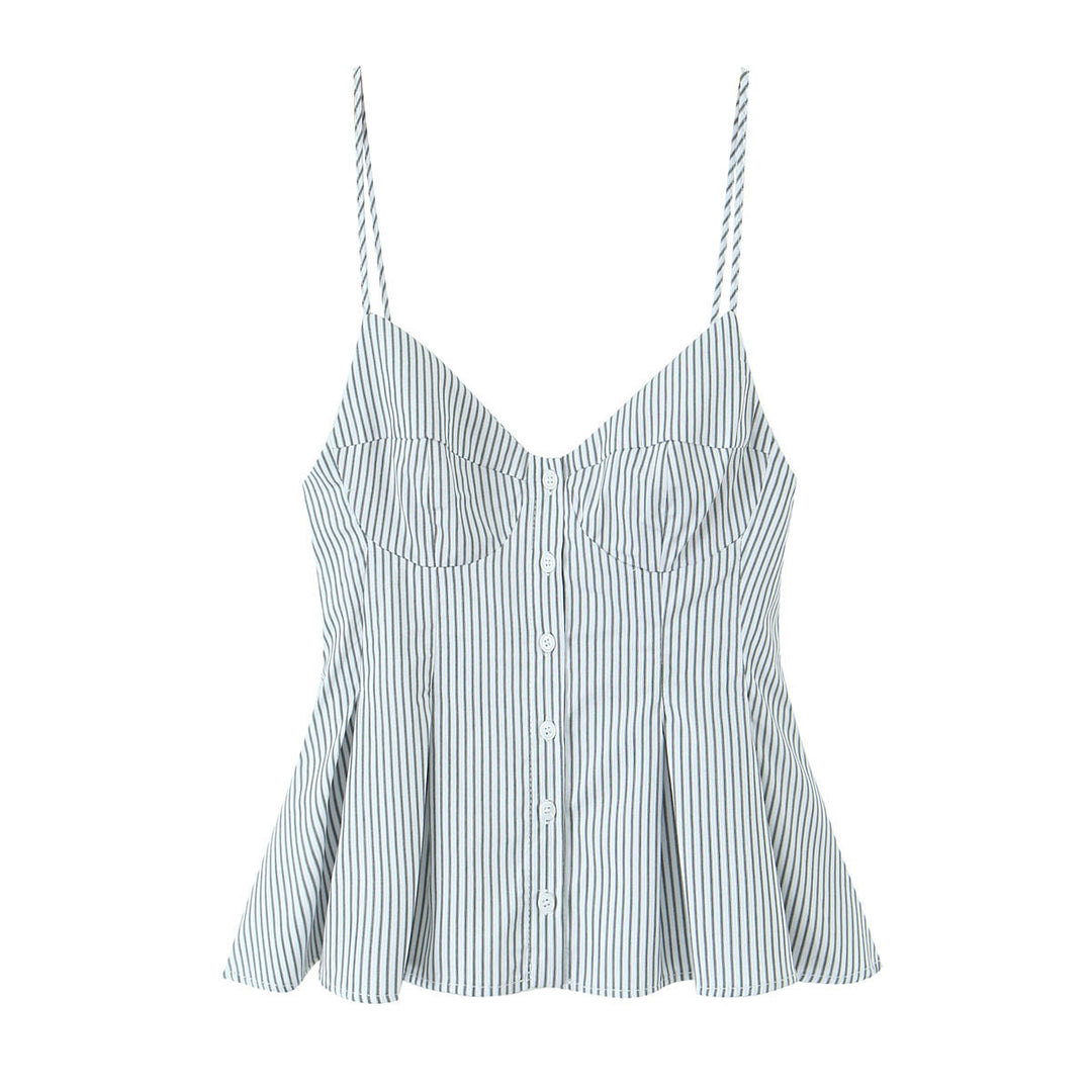 Gianna Gray Striped Spaghetti Strap Flared Ruffled Mini Tank Top
