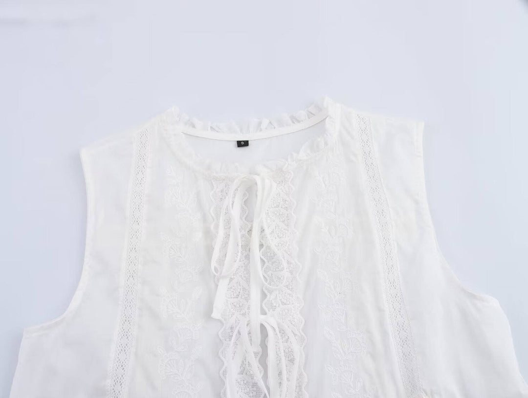 Genesis White Crew Neck Front Lace Up Sleeveless Top
