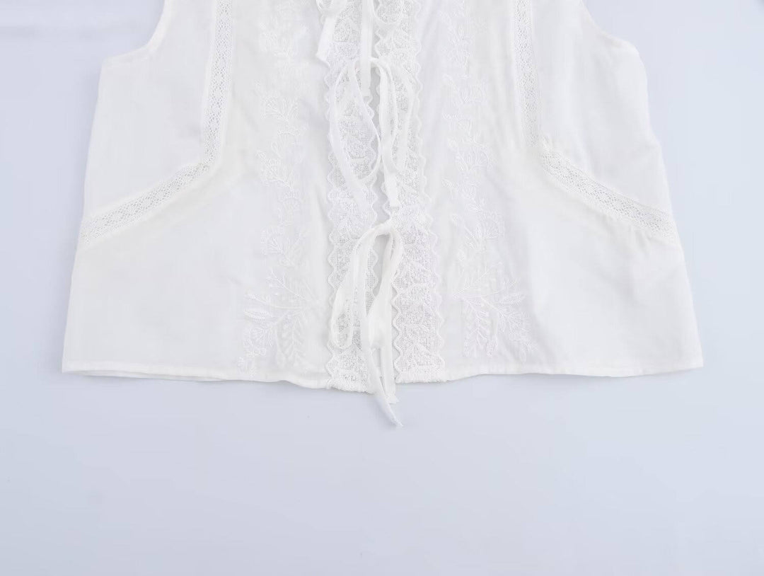 Genesis White Crew Neck Front Lace Up Sleeveless Top