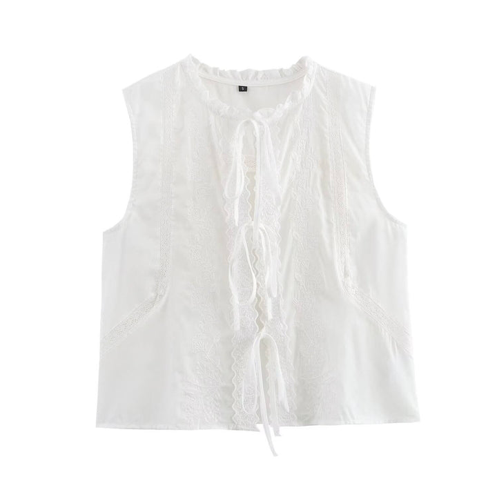 Genesis White Crew Neck Front Lace Up Sleeveless Top