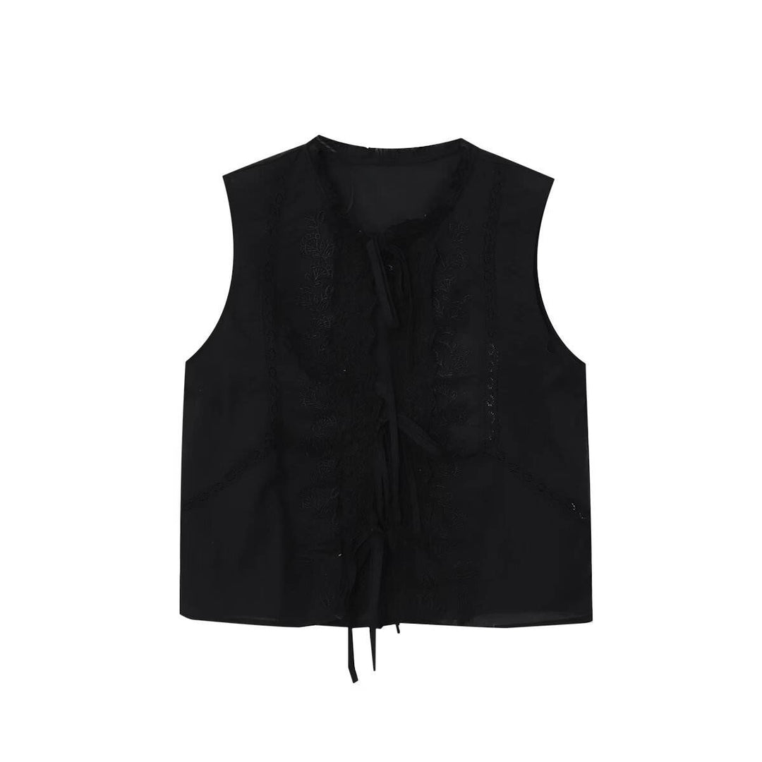Genesis Black Crew Neck Front Lace Up Sleeveless Top