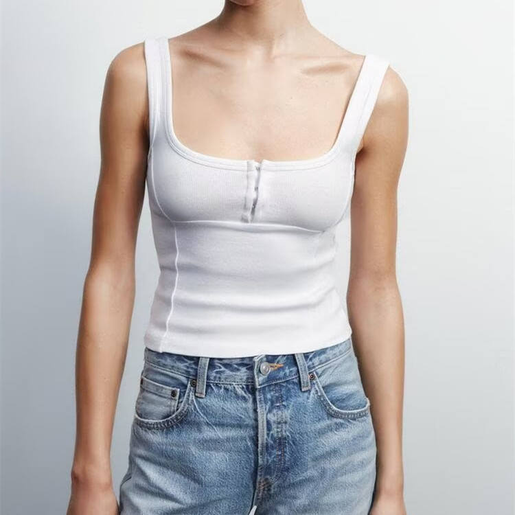Natalie  White Scoop Neck Zipper Fly Tank Top