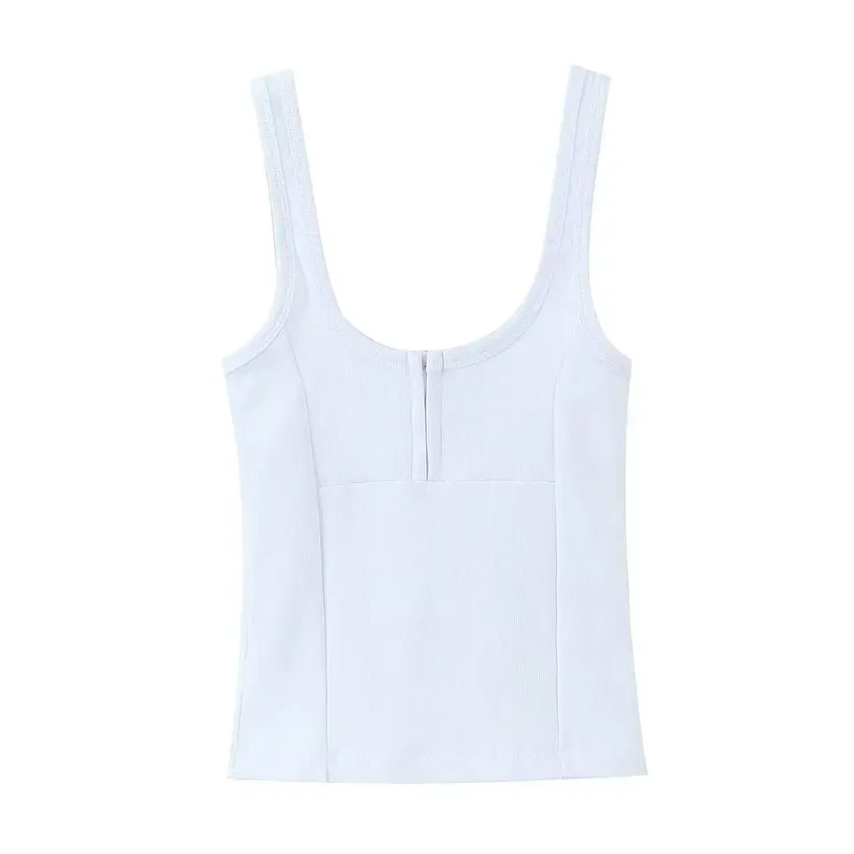 Natalie  White Scoop Neck Zipper Fly Tank Top