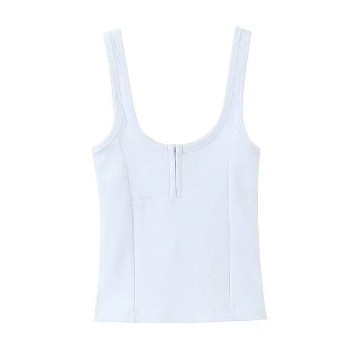Natalie  White Scoop Neck Zipper Fly Tank Top