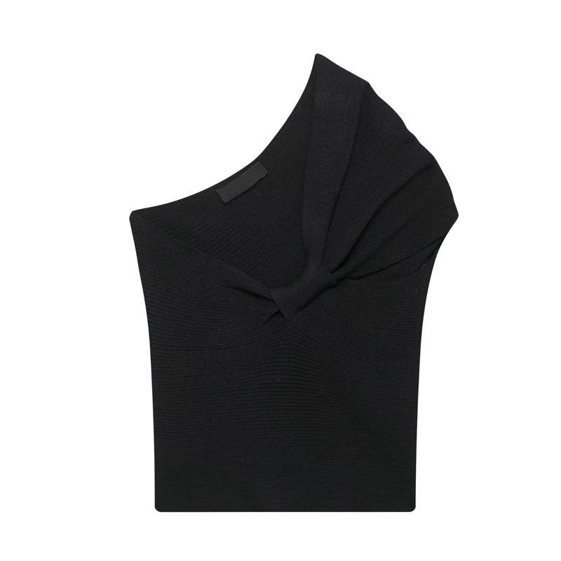 Addison Black Asymmetric Knot Shoulder Strap Knitted  Top