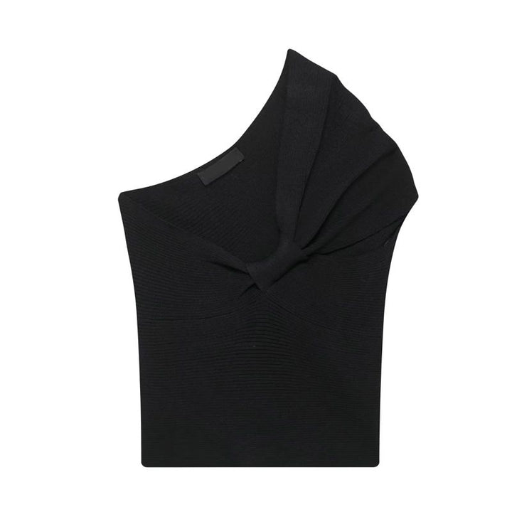 Addison Black Asymmetric Knot Shoulder Strap Knitted  Top
