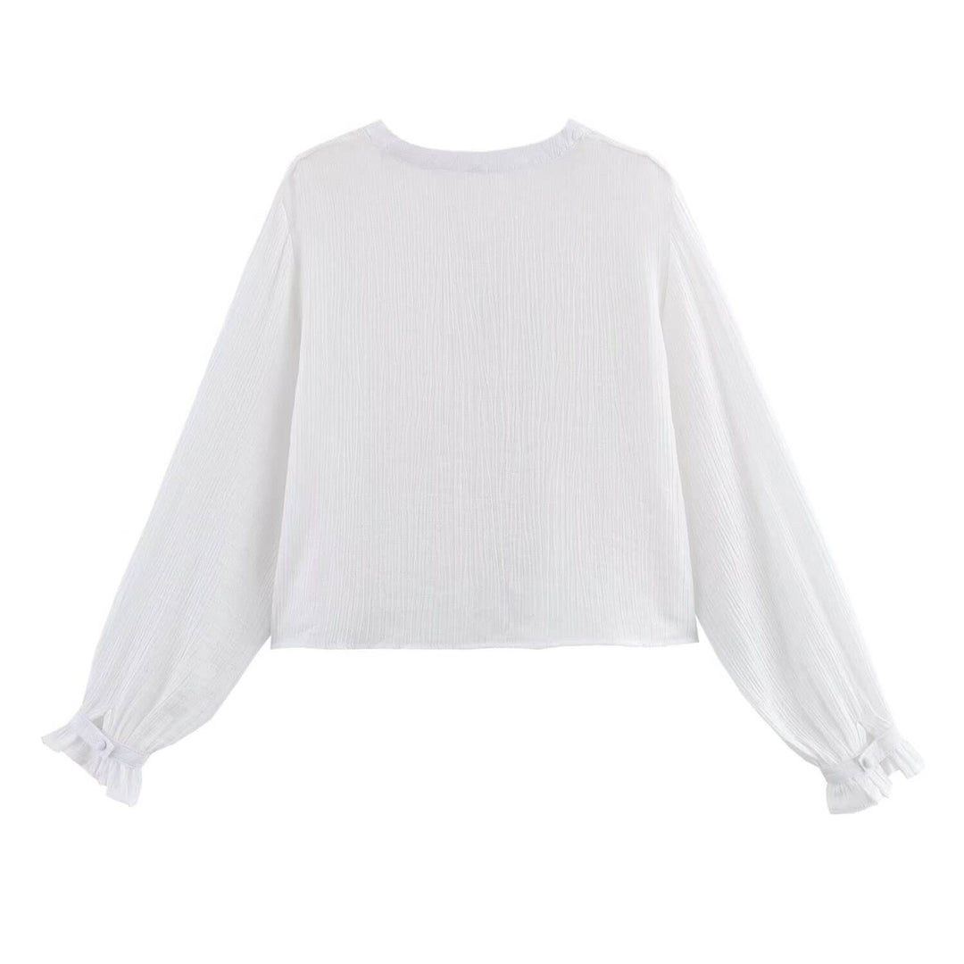 Elsie White V Neck Long Sleeve Buttons Up Casual Tops