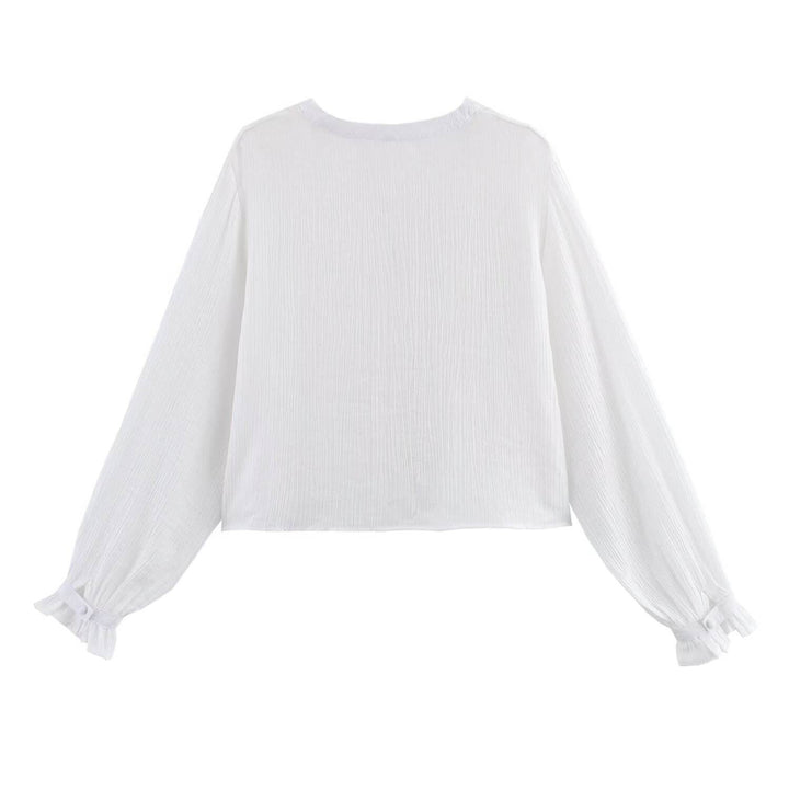 Elsie White V Neck Long Sleeve Buttons Up Casual Tops