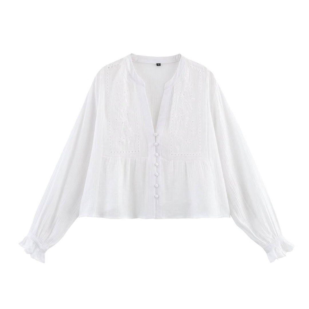 Elsie White V Neck Long Sleeve Buttons Up Casual Tops
