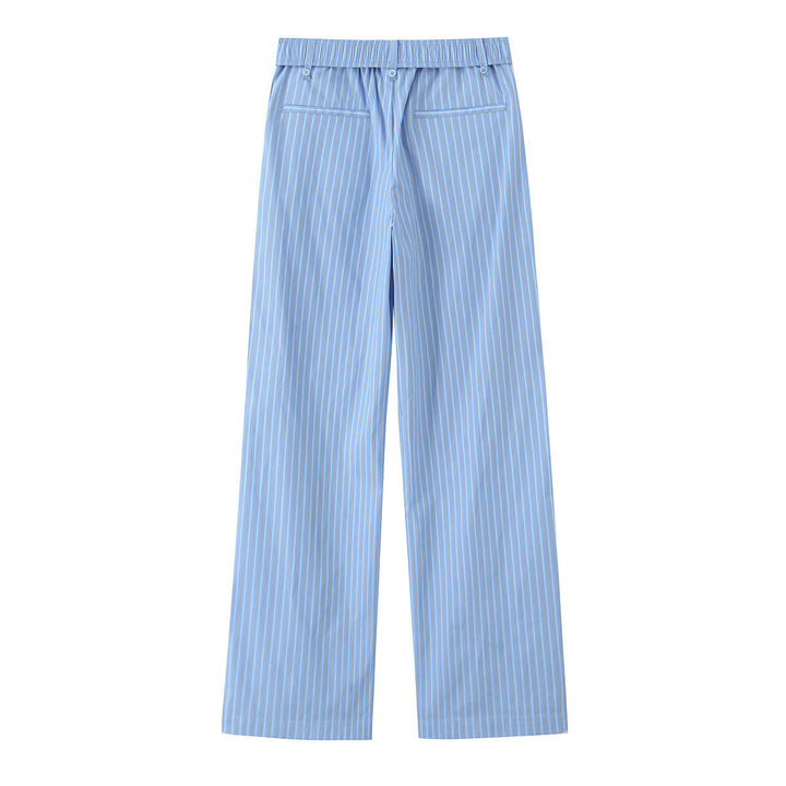 Annie Blue Striped Print Elastic Waist Full Length Casual Trouser