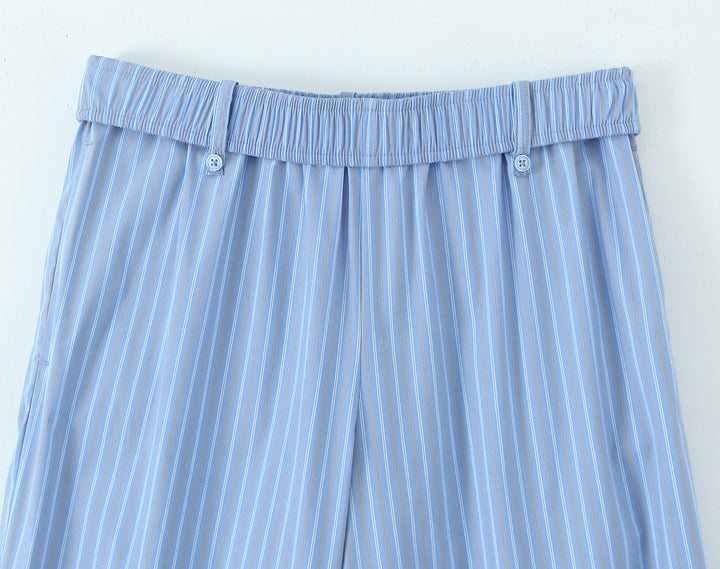 Annie Blue Striped Print Elastic Waist Full Length Casual Trouser