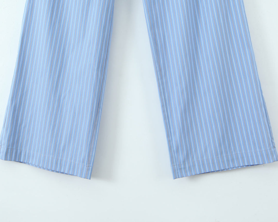 Annie Blue Striped Print Elastic Waist Full Length Casual Trouser
