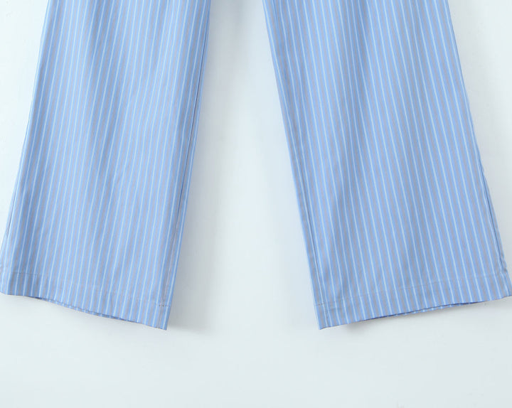 Annie Blue Striped Print Elastic Waist Full Length Casual Trouser