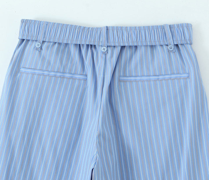 Annie Blue Striped Print Elastic Waist Full Length Casual Trouser