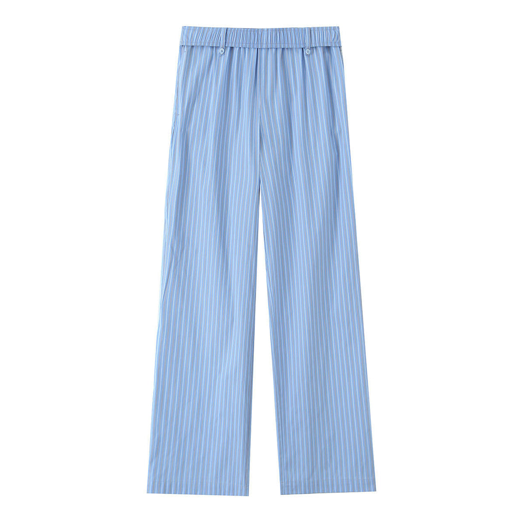 Annie Blue Striped Print Elastic Waist Full Length Casual Trouser