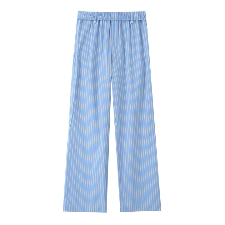 Annie Blue Striped Print Elastic Waist Full Length Casual Trouser