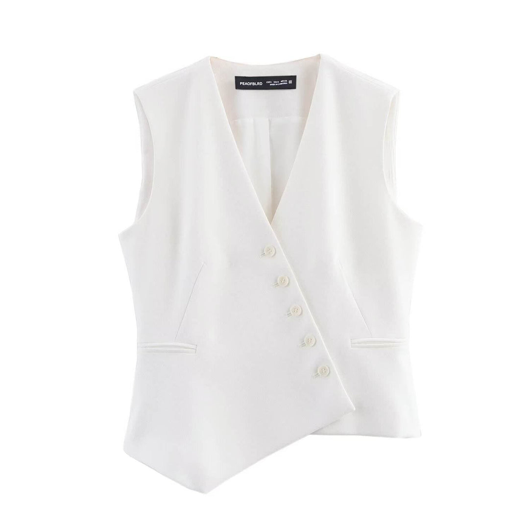Reese White V Neck Buttons Up Asymmetrical Vest Top
