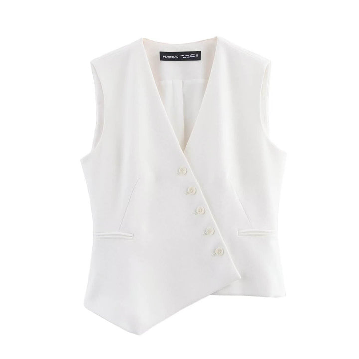 Reese White V Neck Buttons Up Asymmetrical Vest Top