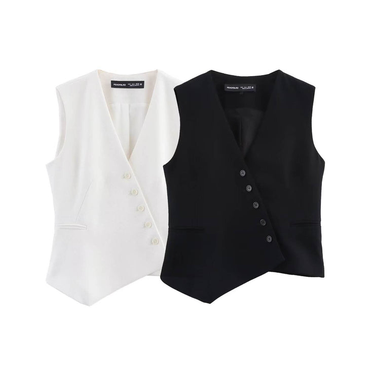 Reese White V Neck Buttons Up Asymmetrical Vest Top