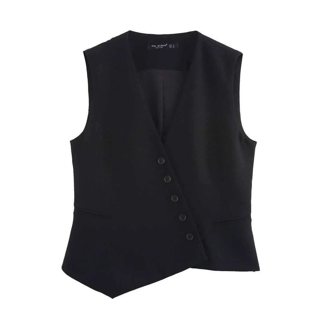 Reese Black  V Neck Buttons Up Asymmetrical Vest Top