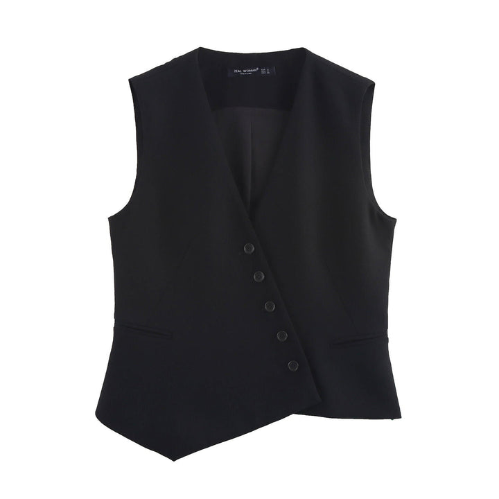 Reese Black  V Neck Buttons Up Asymmetrical Vest Top