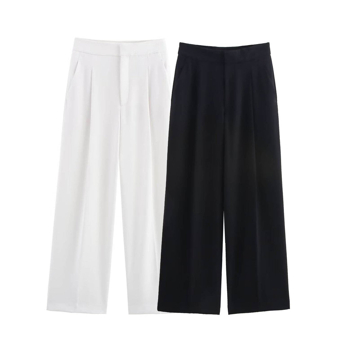Reese White Zipper Fly Elegant Pants Casual Loose  Trouser