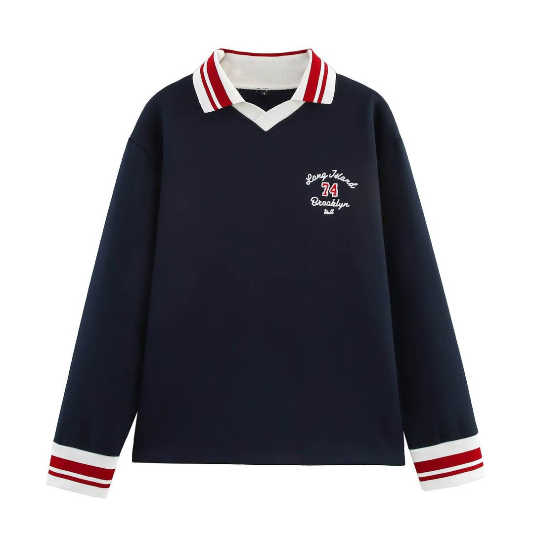 Alaina Navy Blue Turn Down Collar Long Sleeve Letter Embroidery Top