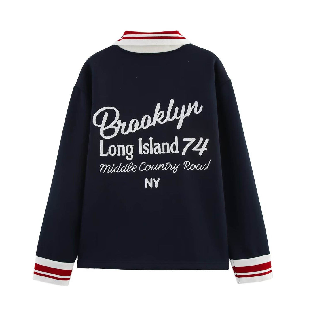 Alaina Navy Blue Turn Down Collar Long Sleeve Letter Embroidery Top