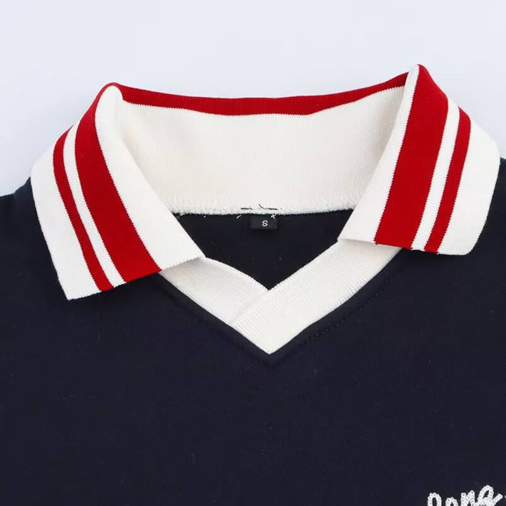 Alaina Navy Blue Turn Down Collar Long Sleeve Letter Embroidery Top