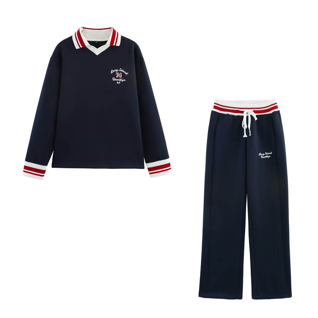 Alaina Navy Blue Drawstring Waist Letter Embroidery Long Pants Trouser