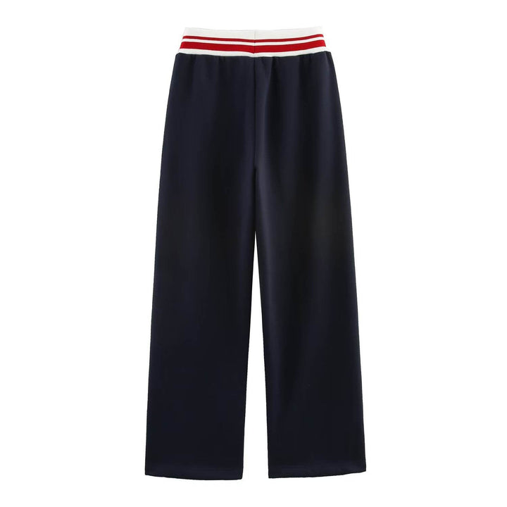 Alaina Navy Blue Drawstring Waist Letter Embroidery Long Pants Trouser