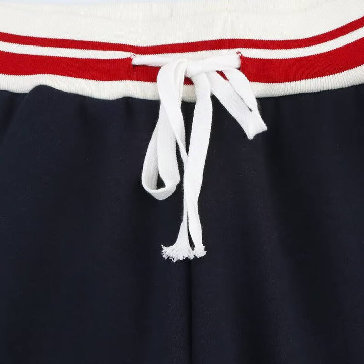 Alaina Navy Blue Drawstring Waist Letter Embroidery Long Pants Trouser