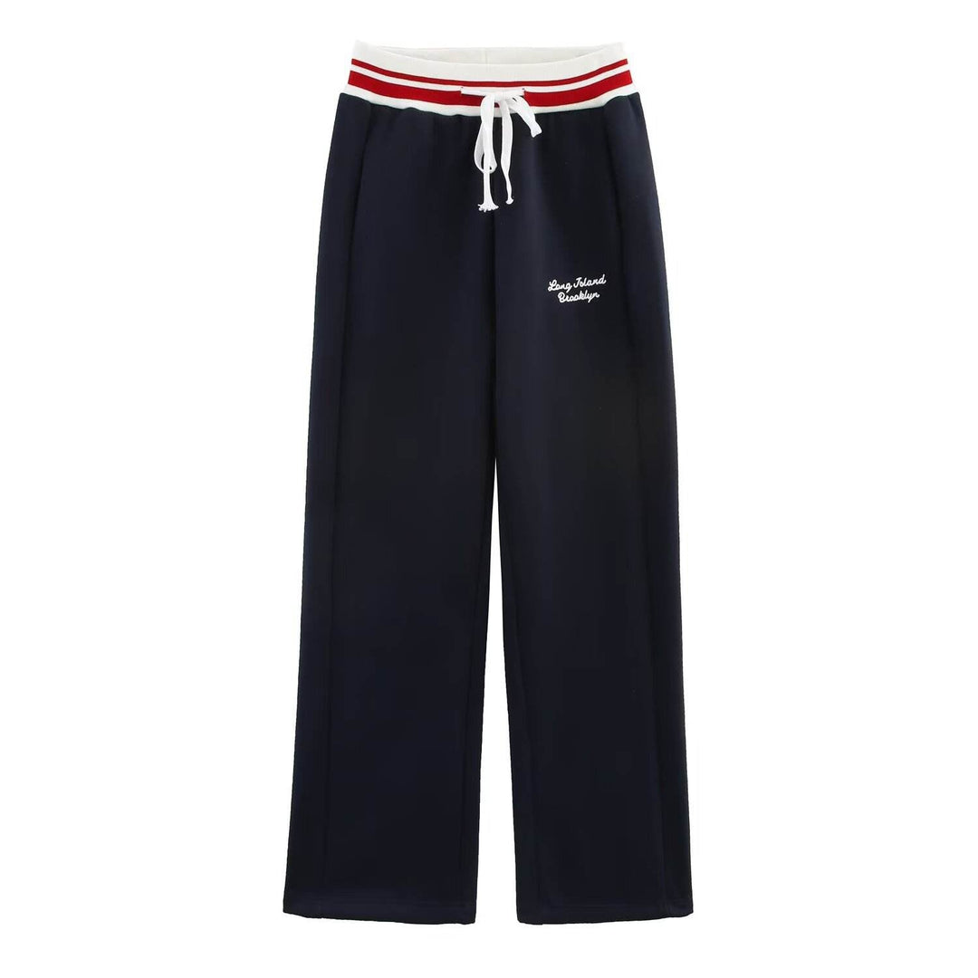 Alaina Navy Blue Drawstring Waist Letter Embroidery Long Pants Trouser